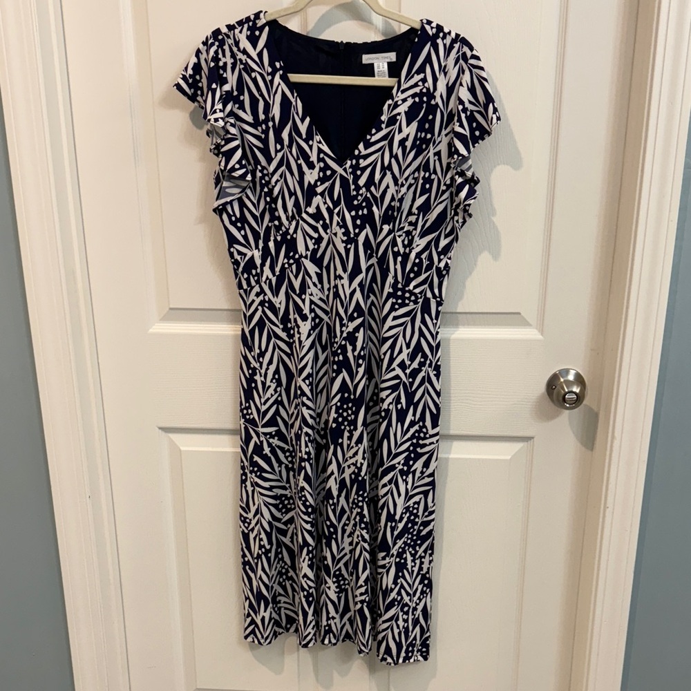 London Times Navy and Cream Leaf Print Midi Dress